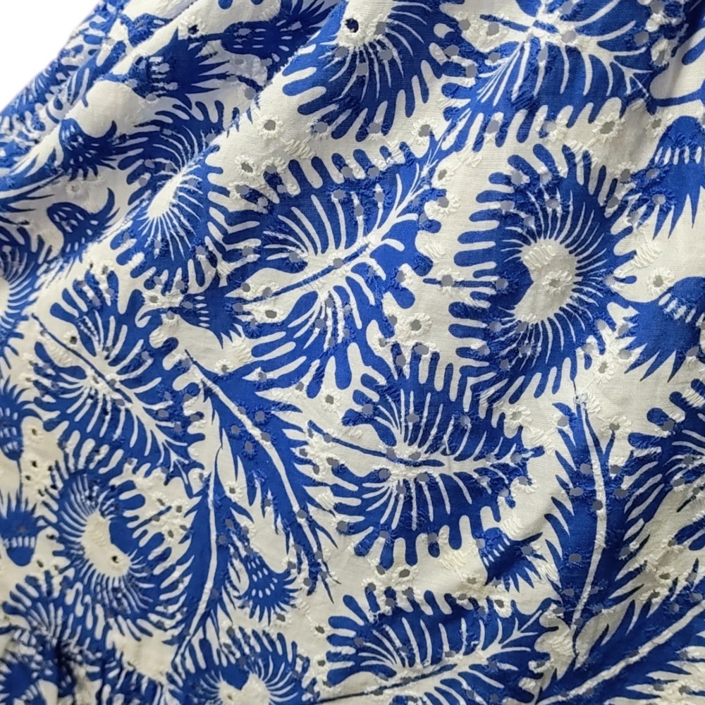 Ophelia Roe Eyelet Midi Dress Blue White Leaf Print Cottagecore Tradwife Size XL - Picture 9 of 13
